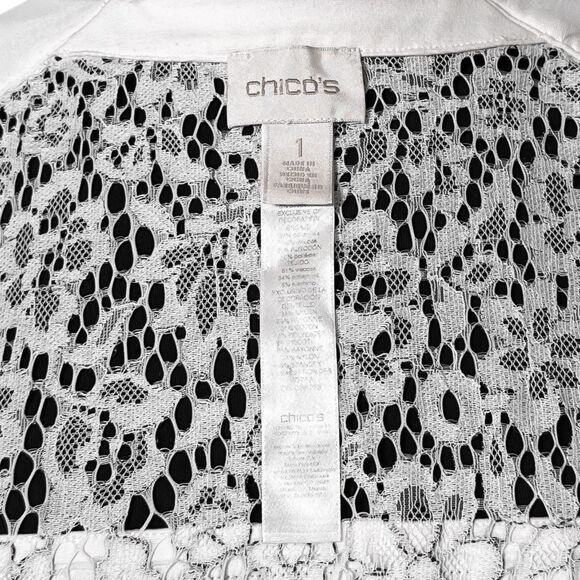 Chico’s Women’s Jacket 1 M/8 Black White Floral Lace Sheer Open Front Cardigan - Picture 3 of 9